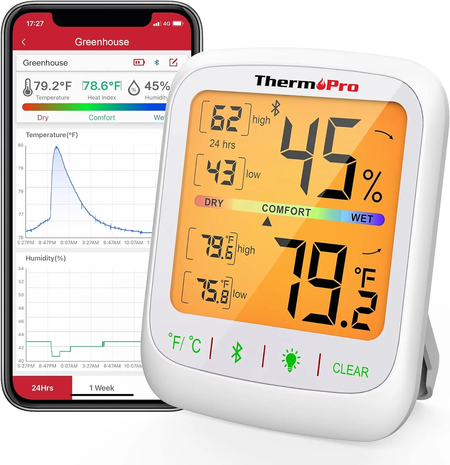 Hygrometer and thermometer with data history and app for mobile phone incl alarm Hygrometer and thermometer with data history and app for mobile phone incl alarm