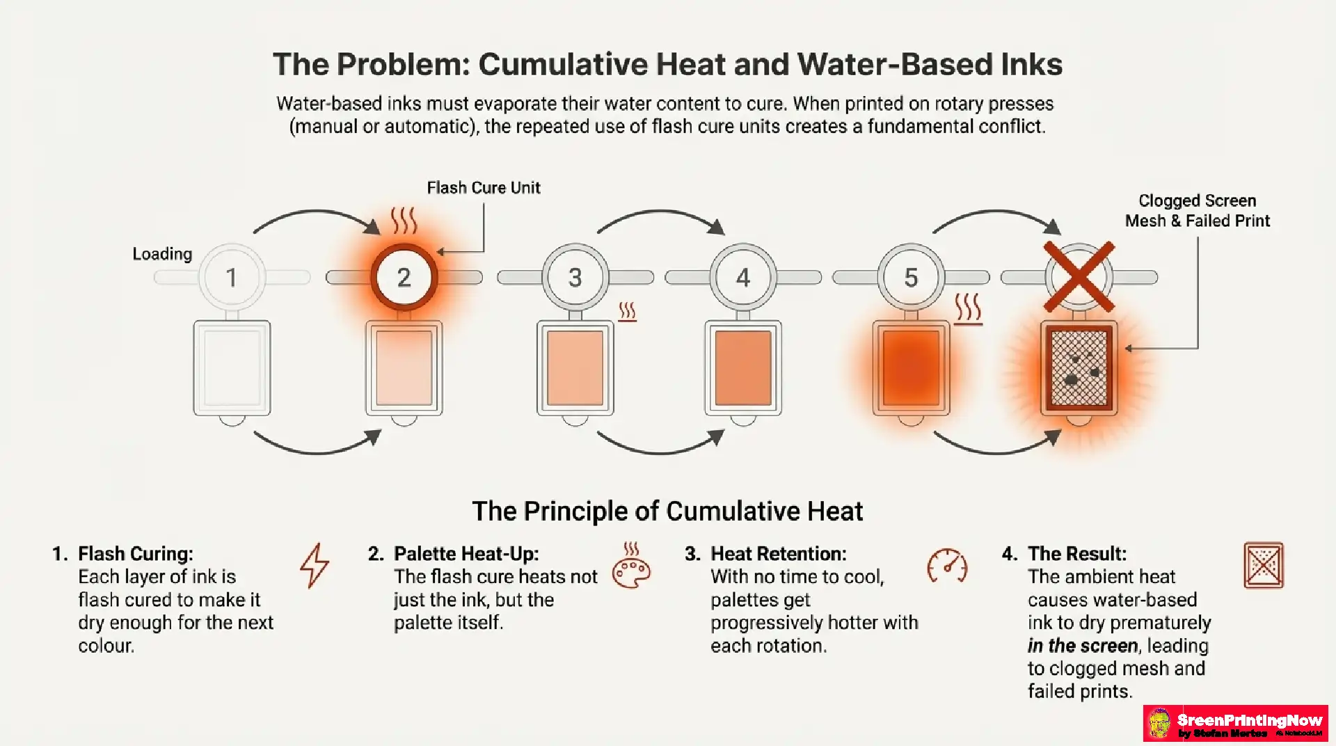 Diagram of the Cumulative Heat problem: How flash cure units on rotary presses cause water-based ink to clog screen mesh.