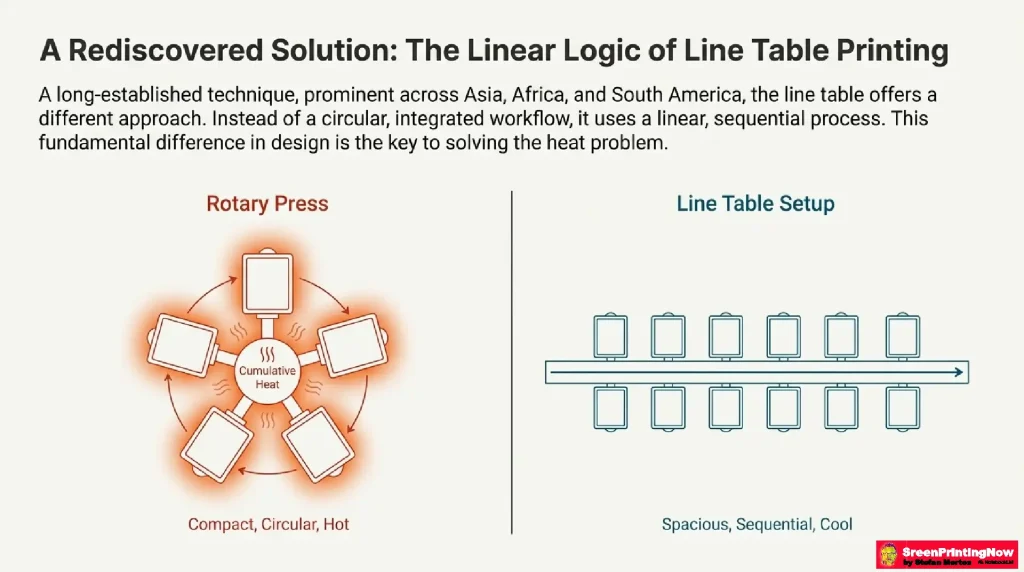 Slide comparing Rotary Press vs Line Table: How a linear, sequential setup allows cooling for water-based screen printing.