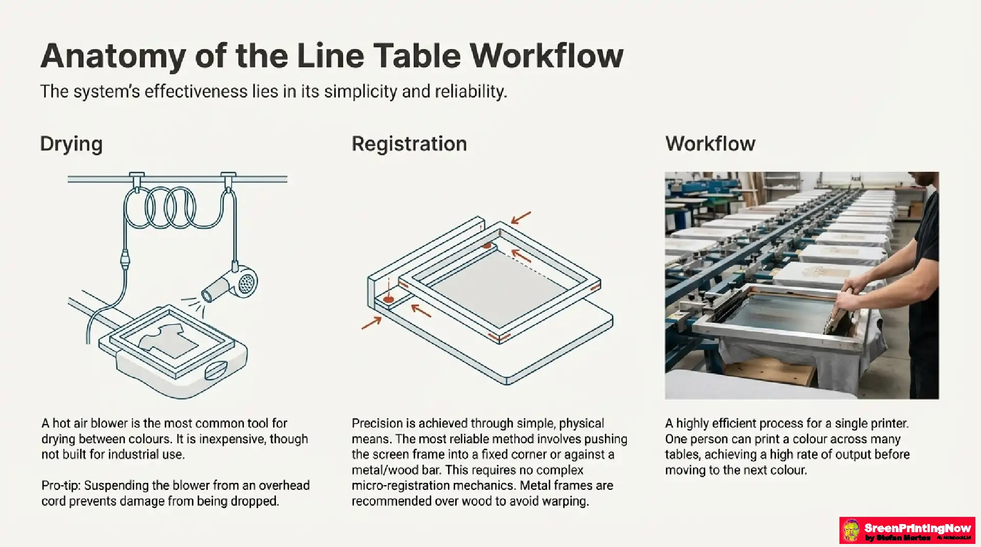 Anatomy of Line Table Workflow: Showing hot air blowers for drying and physical registration points for screen precision.