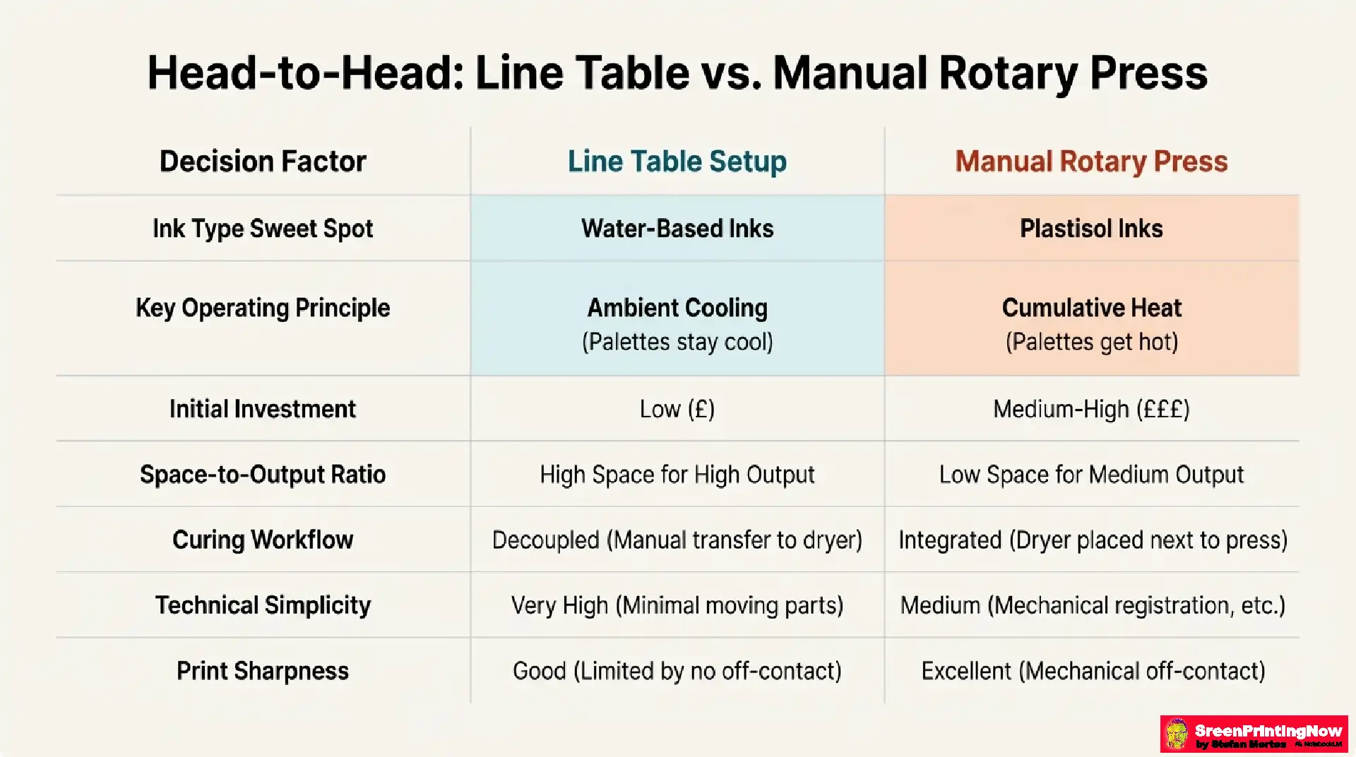 Comparison table: Line Table vs Manual Rotary Press. Analysis of ink types, heat management, cost, and print sharpness.