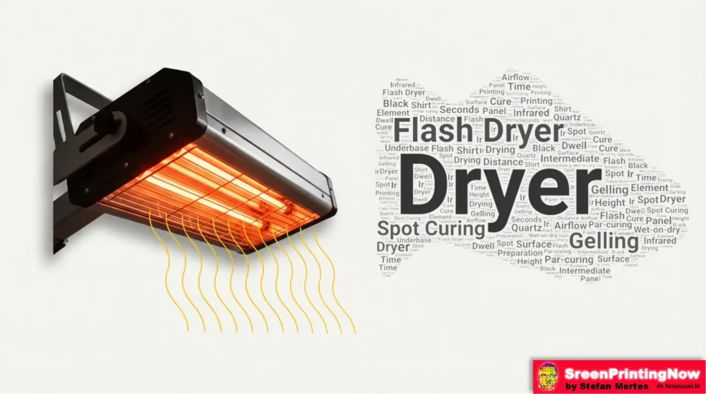 Flash dryer guide: Comparing Infrared and Quartz elements for gelling ink, dwell time, and underbase preparation.