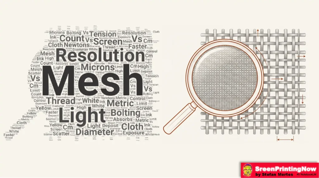 Screen mesh guide: Comparing white vs. yellow mesh counts, thread diameter, and Newtons of tension for ink deposit control.