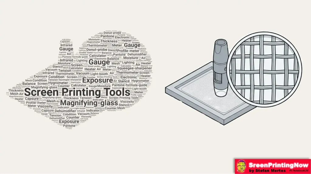 Screen printing quality control tools: Tension meters, Pantone guides, donut probes, and exposure calculators.