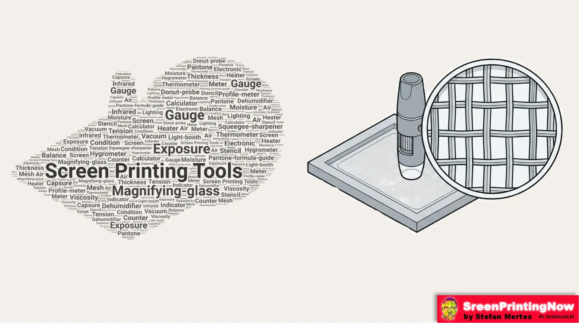 Screen printing quality control tools: Tension meters, Pantone guides, donut probes, and exposure calculators.