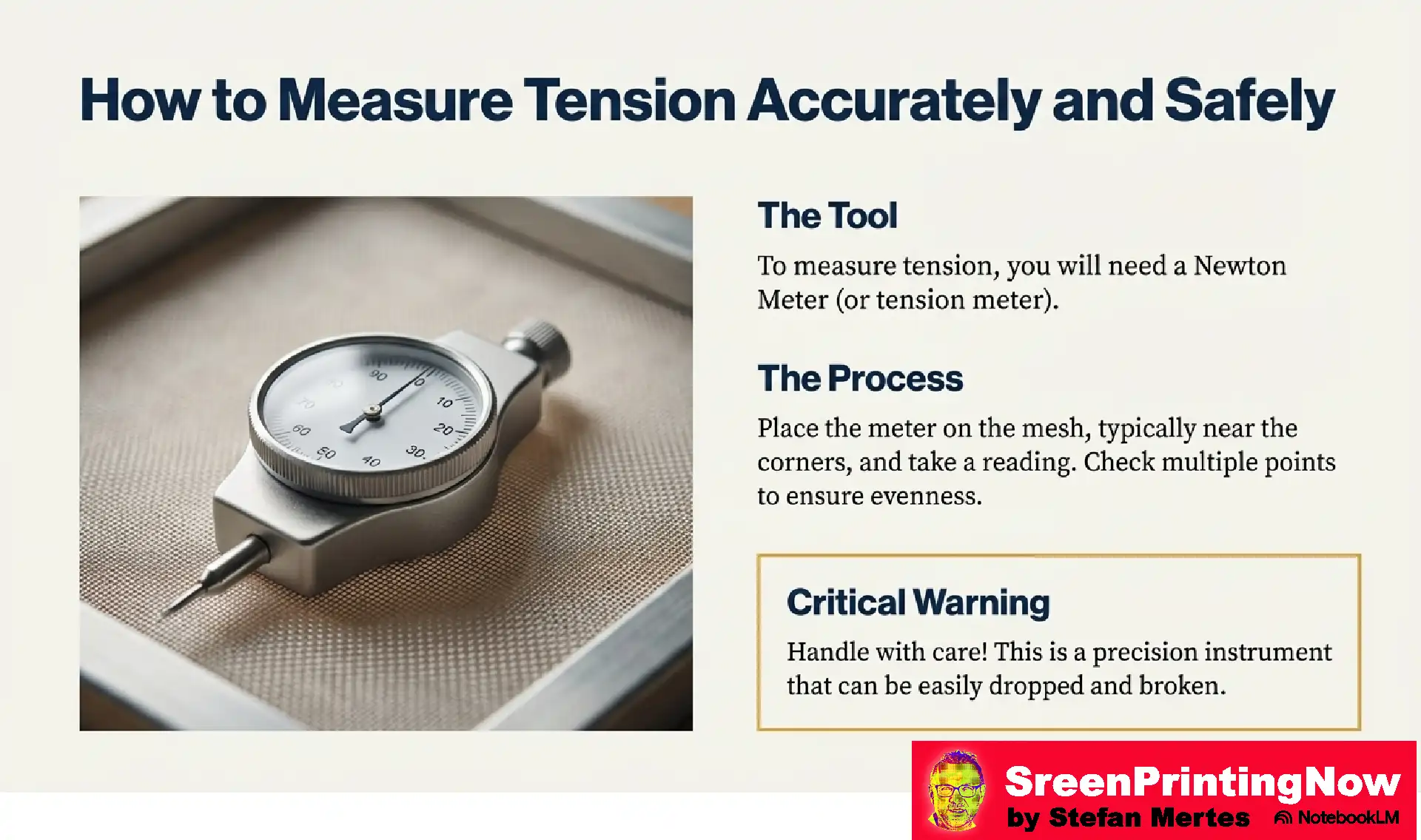 Screen Mesh The Foundation of Perfect Print flip book slide 10 How to use a Newton Meter: Guide on placing the tension meter on mesh corners to ensure evenness and accurate screen printing tension readings.