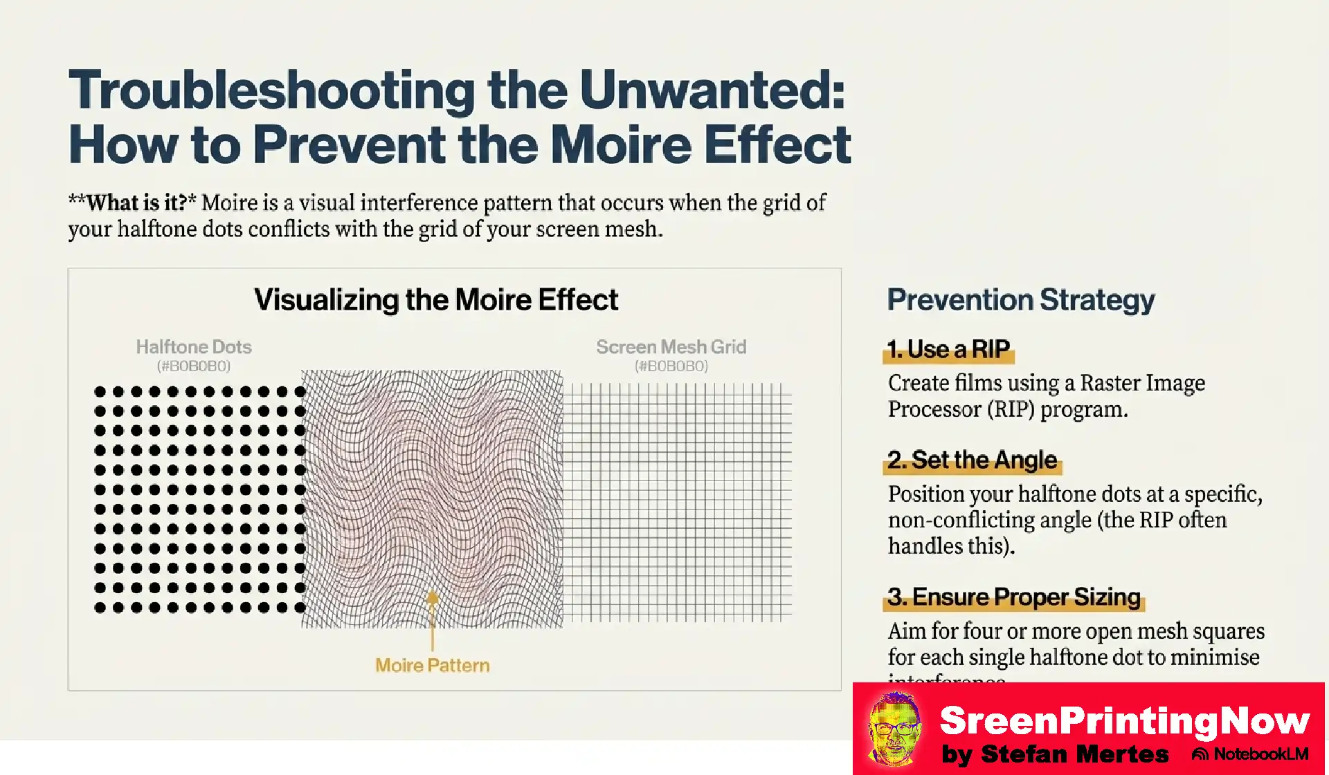 Screen Mesh The Foundation of Perfect Print flip book slide 12 Preventing Moiré patterns: Use a RIP program to set non-conflicting halftone angles and ensure at least four open mesh squares per halftone dot.