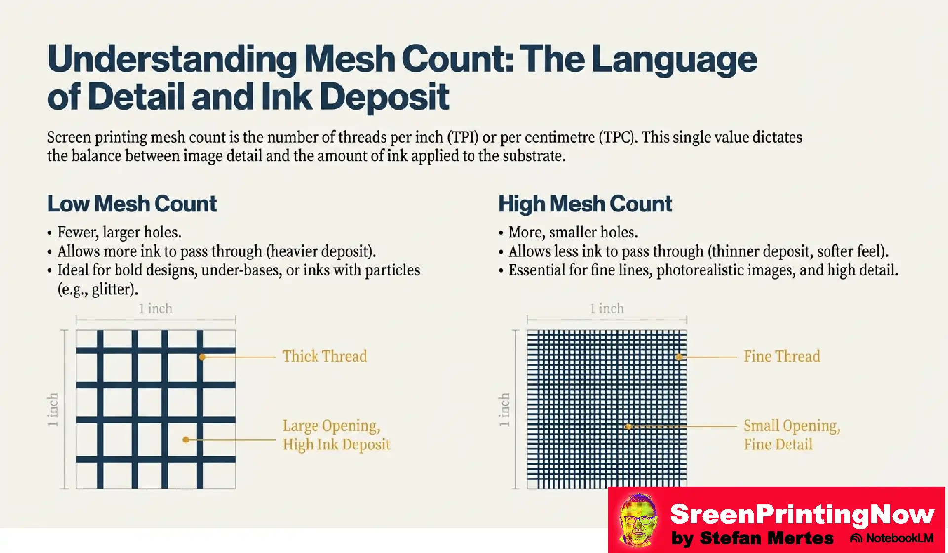 Screen Mesh The Foundation of Perfect Print flip book slide 2 Infographic explaining mesh count: Low counts (fewer, larger holes) deposit more ink for bold designs; high counts allow fine detail for soft feel.