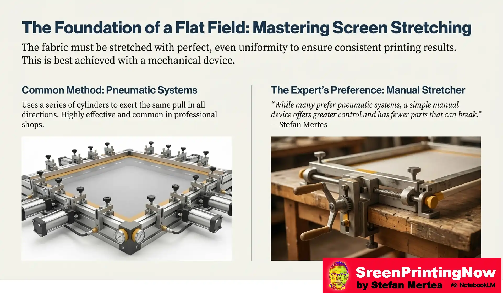 Screen Mesh The Foundation of Perfect Print flip book slide 7 Screen stretching guide: Explaining pneumatic systems for even tension vs. manual stretchers for greater control and durability in professional shops