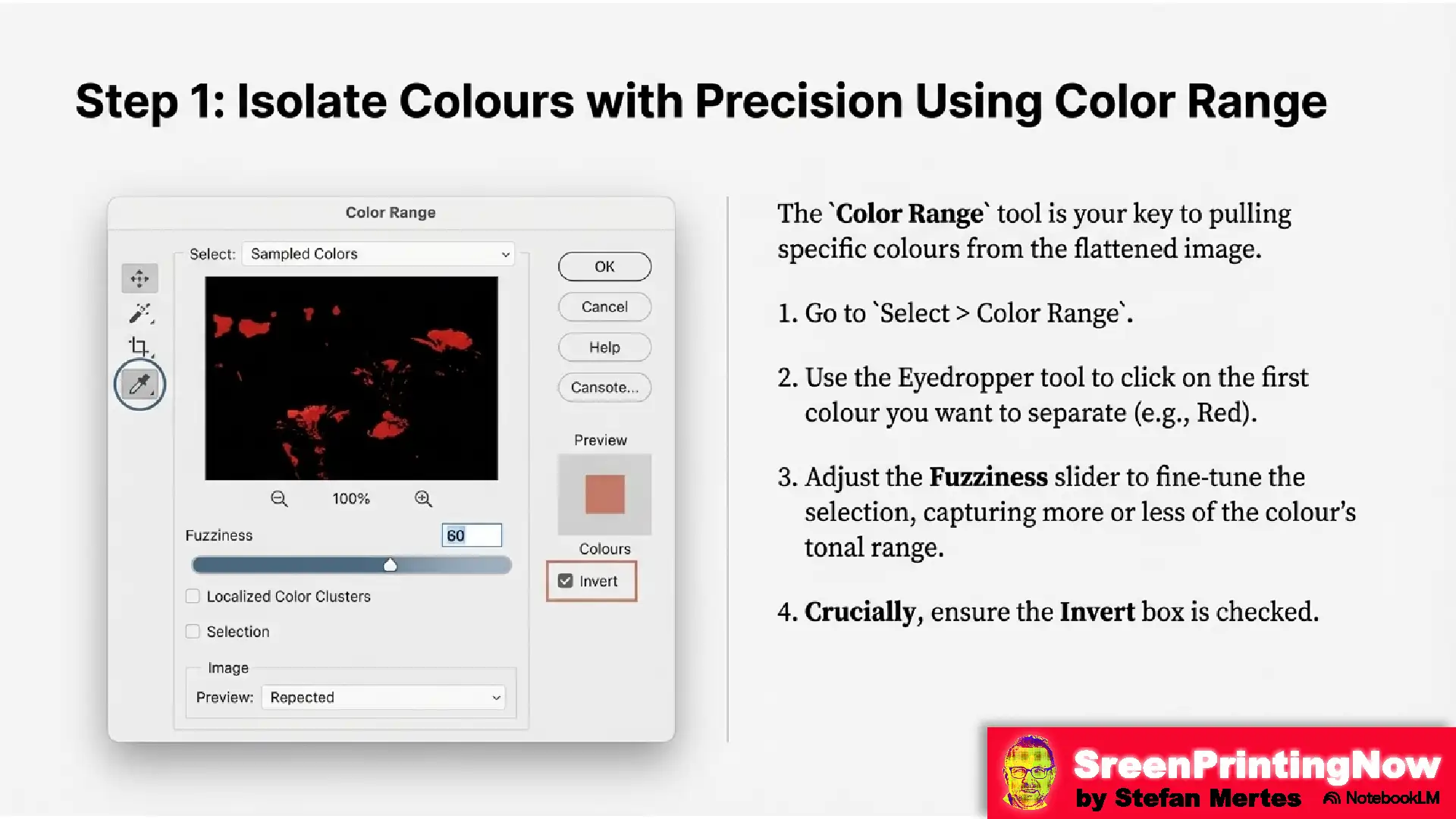 Simulated Process Masterclass flipbook slide 5 Photoshop Color Range tutorial: Using the Eyedropper and Fuzziness slider to isolate specific ink colors for separation.
