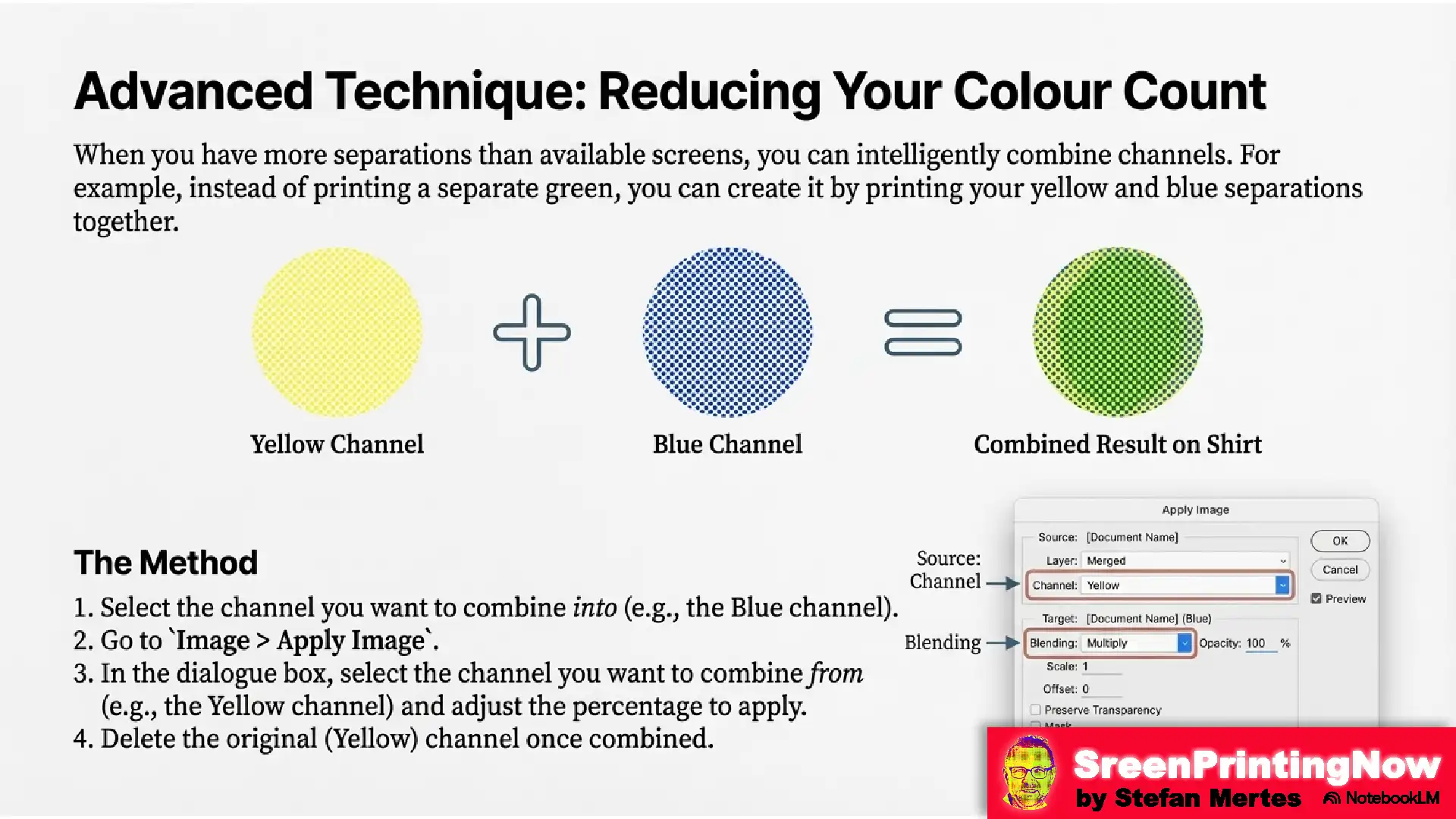 Simulated Process Masterclass flipbook slide 8 This slide introduces a more advanced concept: overprinting or color mixing. The SEO focus here is on "reducing color count" and "combining channels," which are huge topics for shops with limited-station presses.
Slide 8 Alt Tag
Alt Text:
Advanced Photoshop technique: Reducing color counts by combining yellow and blue channels to create green for screen printing.