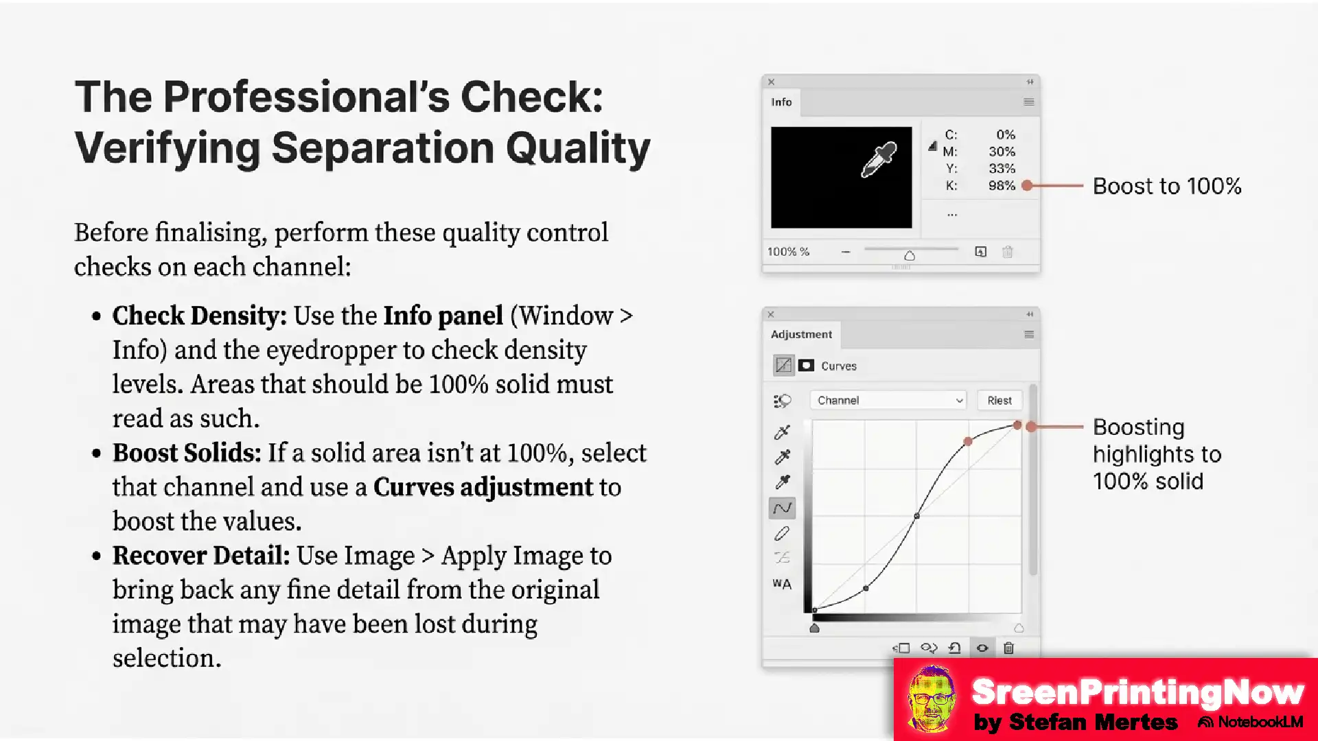 Simulated Process Masterclass flipbook slide 9 Quality control in Photoshop: Using the Info panel, Curves, and Apply Image to verify ink density and recover print detail.