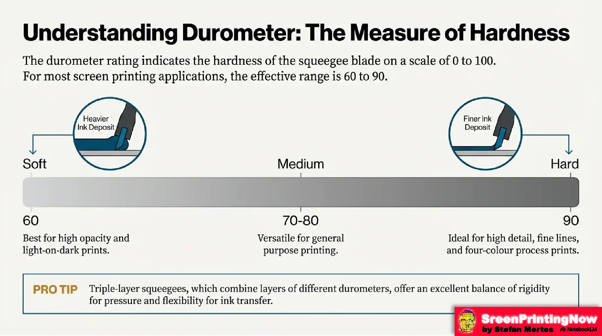 Squeegee hardness guide: Use 60 durometer for thick ink deposits, 90 for fine lines, and triple-layer blades for balanced rigidity and ink transfer.