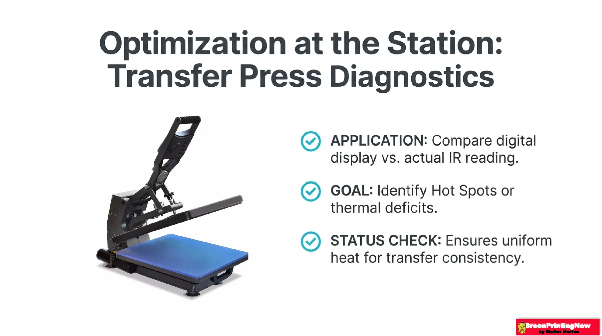 All Pages The True Role of Infrared Thermometers in Screen Printing slide download 7 Transfer press diagnostics using an IR thermometer: Comparing the digital display to actual plate temperature to identify hot spots and ensure uniform heat for consistent transfer results.