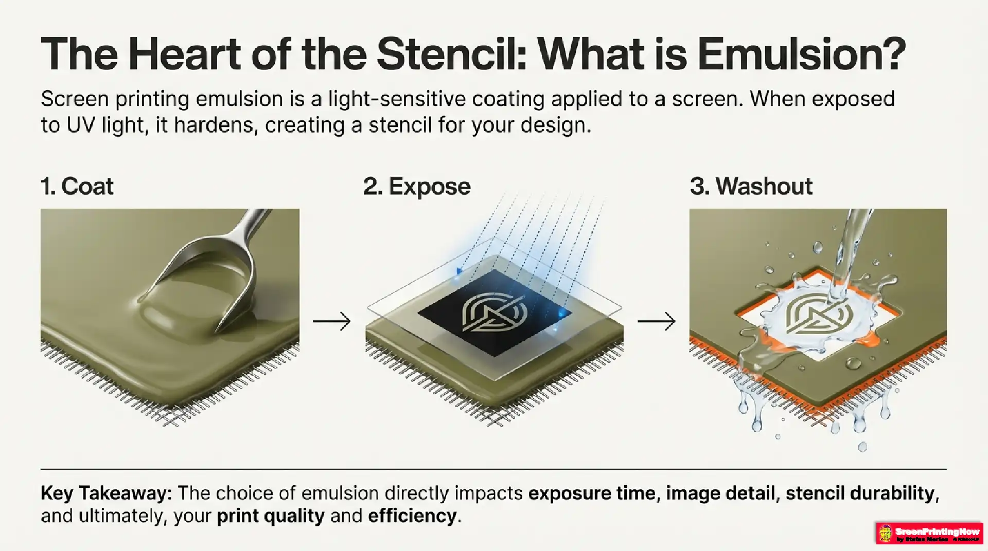 Emulsion Mastery Guide2 How screen printing emulsion works: The 3-step process of coating, UV light exposure, and washout to create high-detail, durable printing stencils.