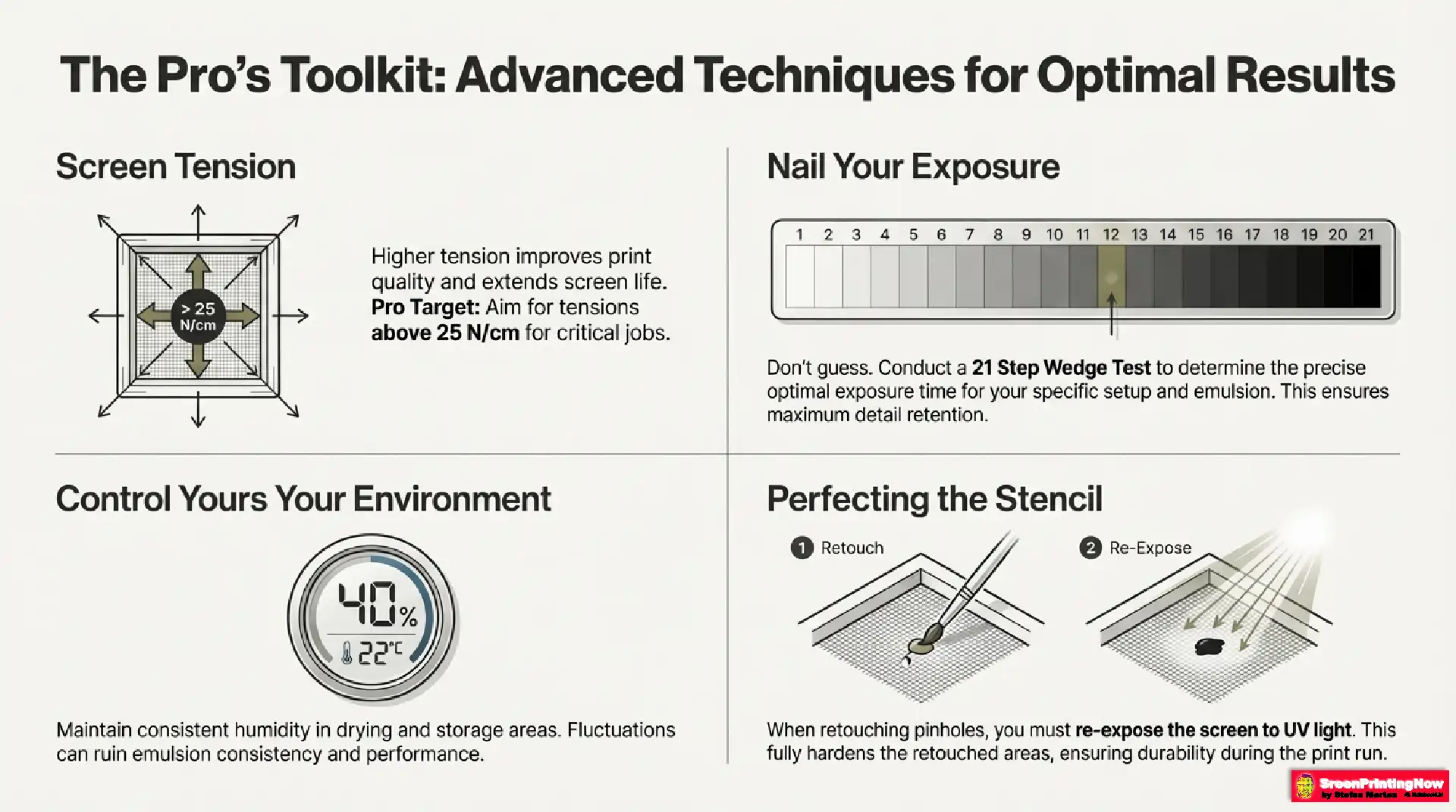 Emulsion Mastery Guide8 Advanced screen room techniques: Using the 21 Step Wedge Test for exposure, maintaining 25 N/cm tension, and re-exposing pinhole retouches for durability.