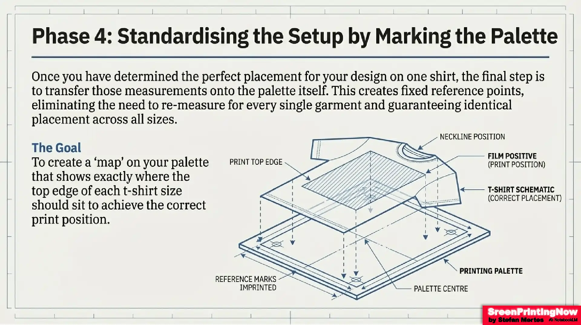 Line Up T Shirts for Screen Printing Shirt Placement Fact Sheet 10 Pallet marking guide: Transferring measurements to the printing board to create fixed reference points for fast and accurate garment loading across runs.