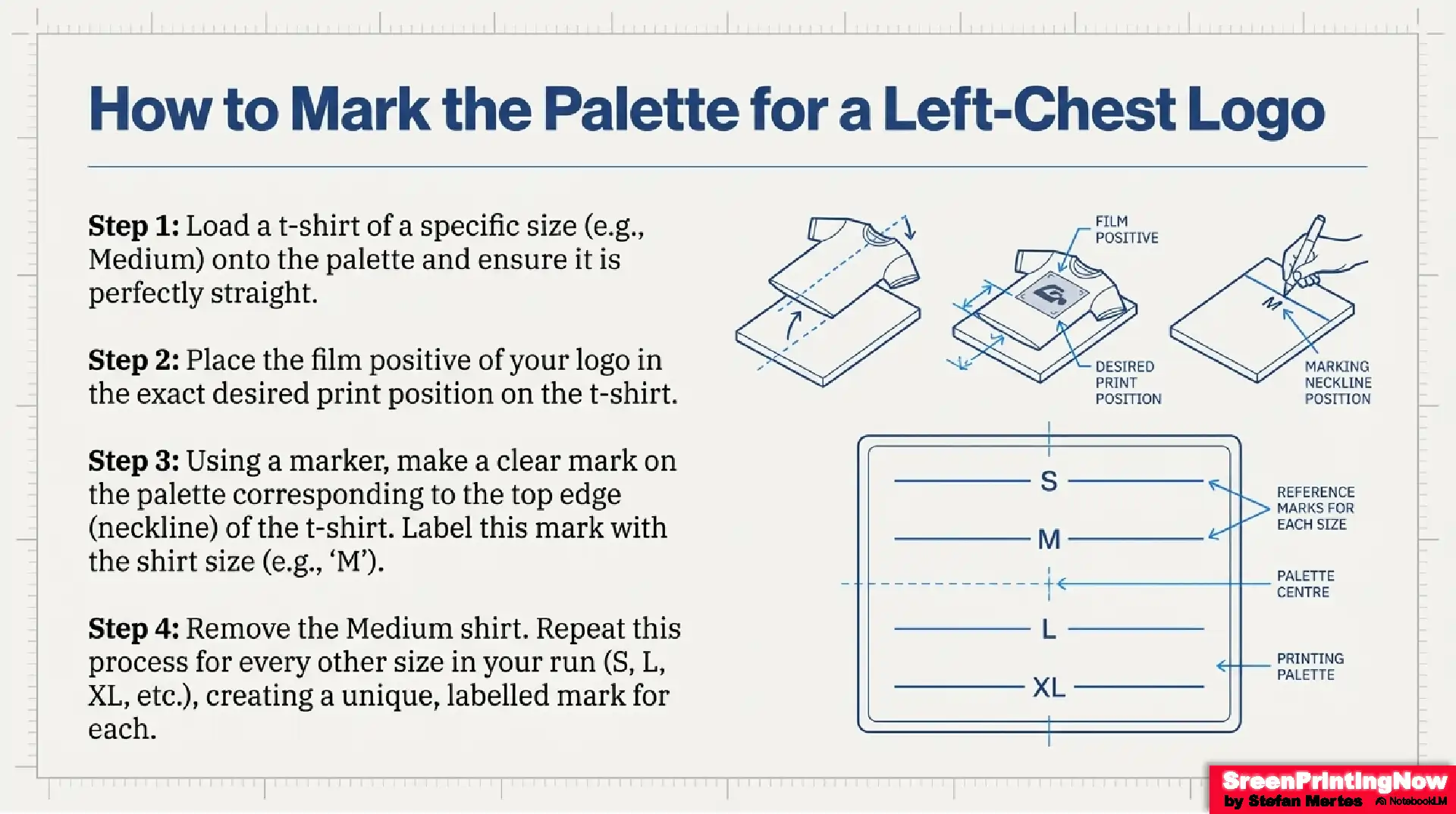 Line Up T Shirts for Screen Printing Shirt Placement Fact Sheet 11 Step-by-step pallet marking guide: Using film positives to index neckline positions for every shirt size (S-XL) to ensure perfect left-chest alignment.