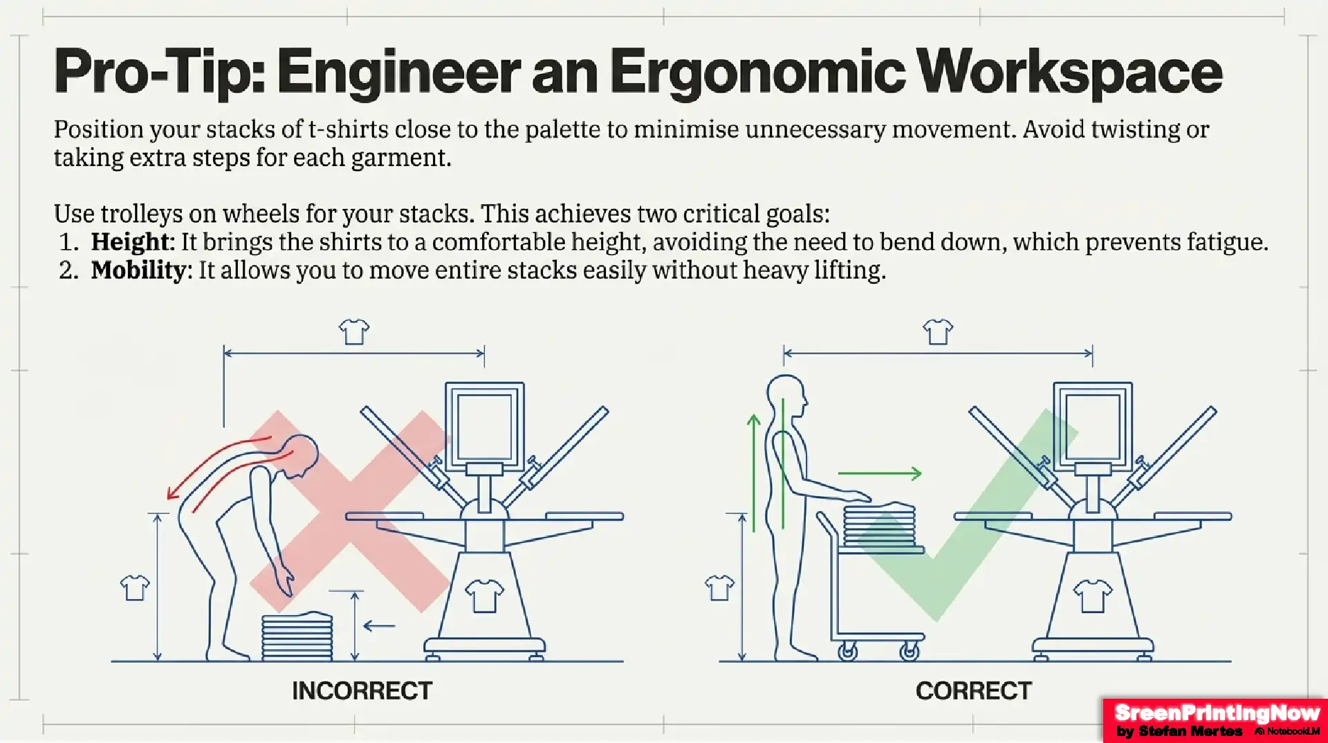 Line Up T Shirts for Screen Printing Shirt Placement Fact Sheet 5 Ergonomic workspace for screen printing: Using trolleys and strategic garment stacking to minimize movement, prevent fatigue, and improve mobility.