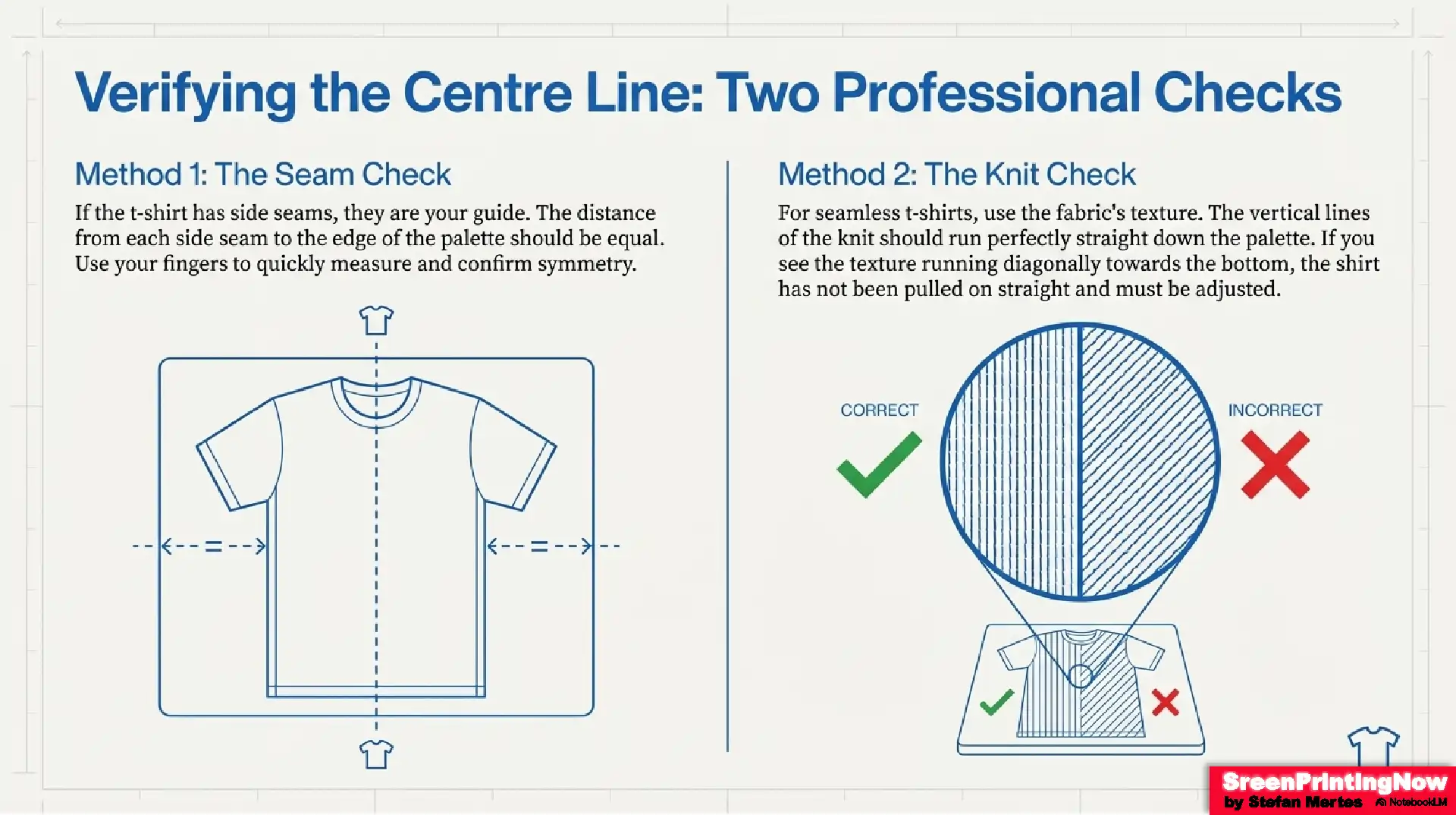 Line Up T Shirts for Screen Printing Shirt Placement Fact Sheet 7 Verifying t-shirt center lines: Using side seam symmetry and vertical knit texture checks to ensure perfect garment alignment on the printing pallet.