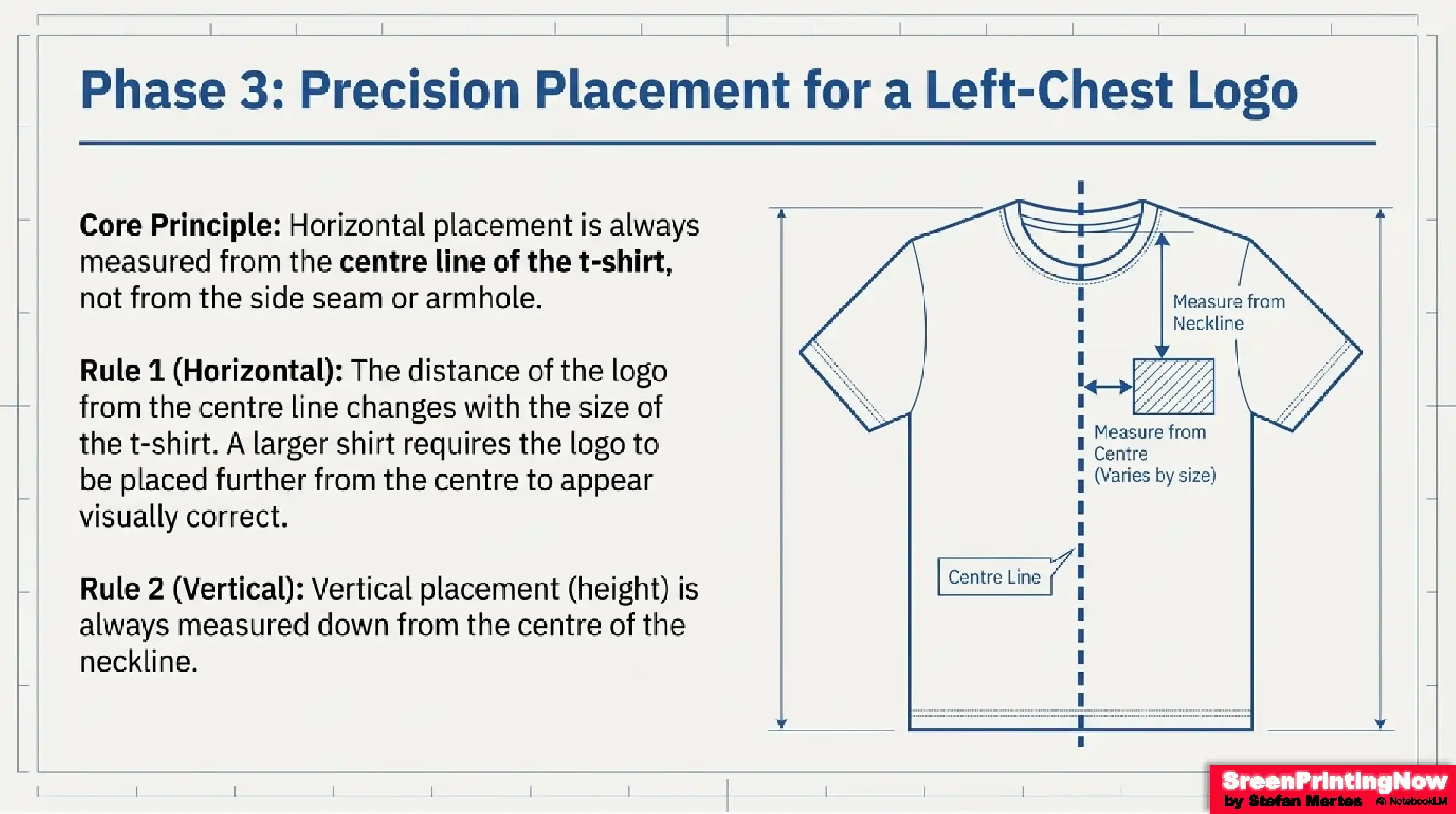 Line Up T Shirts for Screen Printing Shirt Placement Fact Sheet 8 Rules for left-chest logo alignment: Why horizontal placement must scale with garment size and why the neckline is the only reliable vertical anchor.