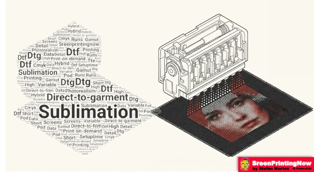 Digital textile guide: Comparing DTG, DTF, and Sublimation for print-on-demand, CMYK gamut, and photorealistic detail.