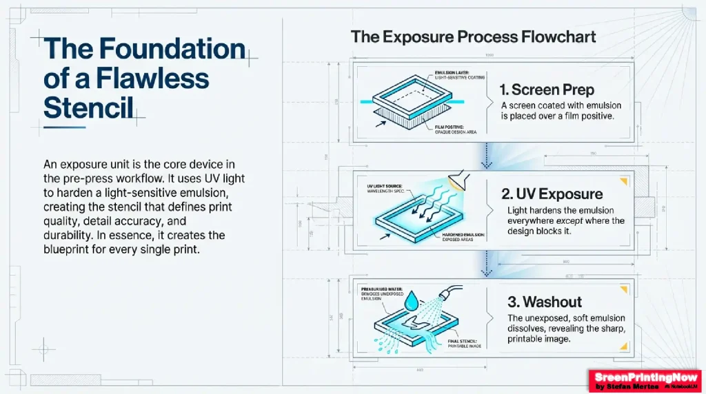 The screen printing exposure process: How UV light hardens emulsion to create high-detail stencils through professional preparation, exposure, and washout.
