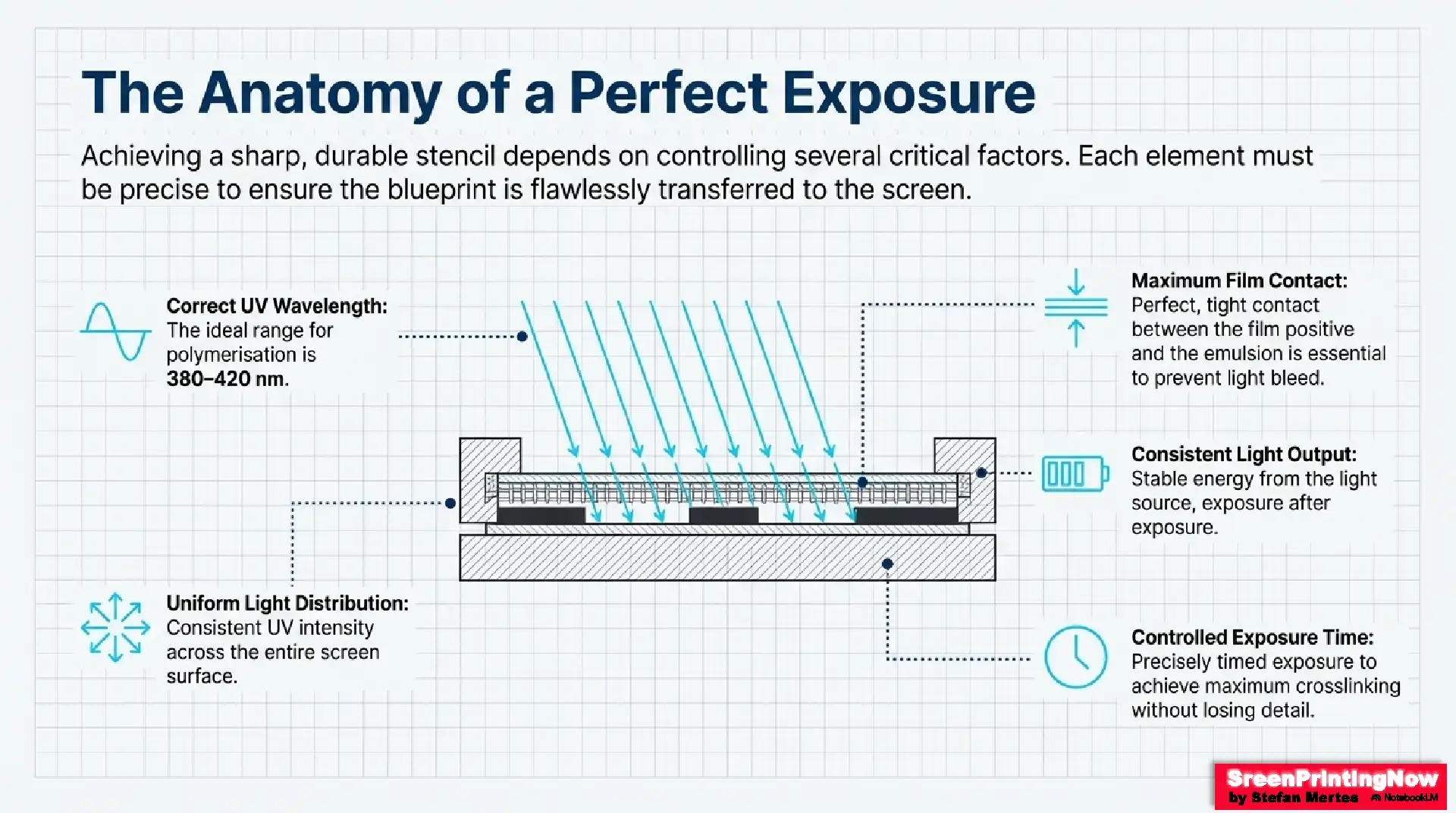 Key factors for perfect screen exposure: Controlling UV wavelength (380-420 nm), light distribution, film contact, and exposure timing for sharp stencils.