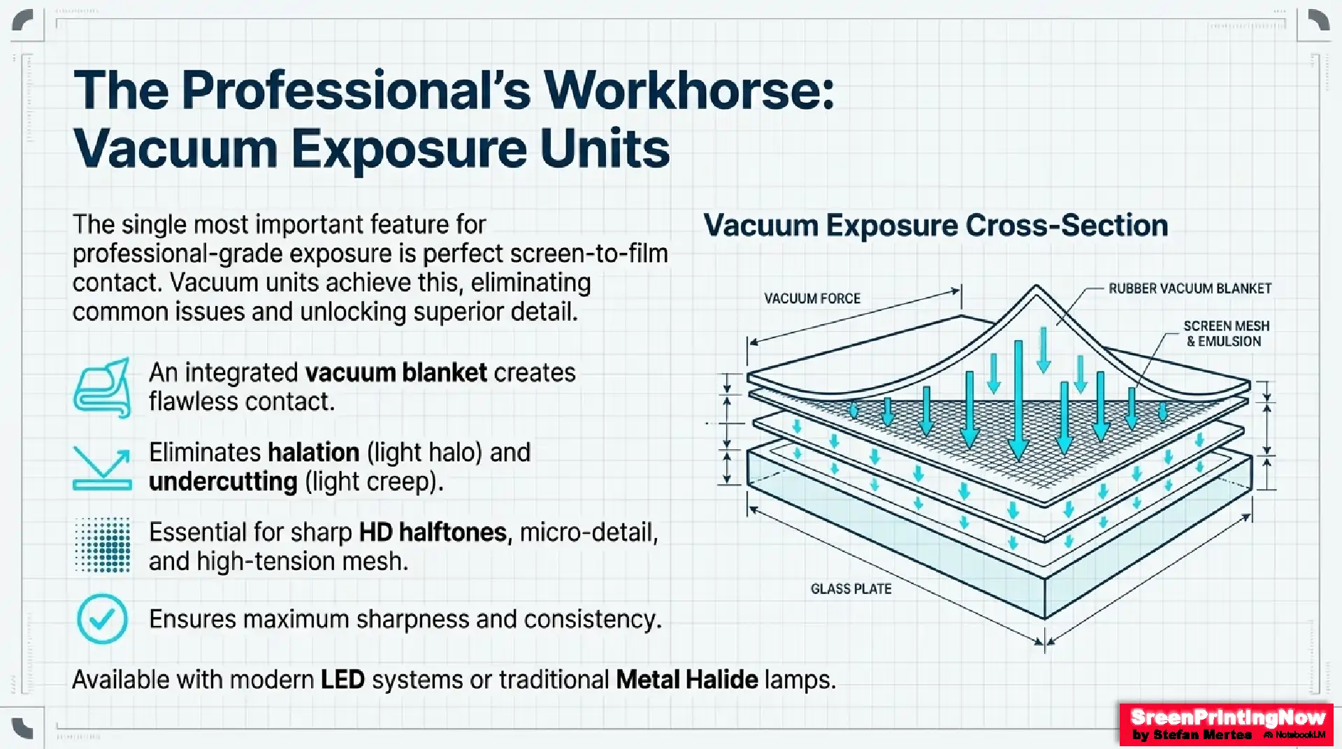 The Professional's Workhorse:
Vacuum Exposure Units
The single most important feature for
professional-grade exposure is perfect screen-to-film
Vacuum Exposure Cross-Section
contact. Vacuum units achieve this, eliminating
common issues and unlocking superior detail.
VACUUM FORCE
RUBBER VACUUM BLANKET
SCREEN MESH
& EMULSION
Eliminates halation (light halo) and
E undercutting (light creep).
ilälää Essential for sharp HD halftones, micro-detail,
iimi: and high-tension mesh.
GLASS PLATE
(V Ensures maximum sharpness and consistency.
Available with modern LED systems or traditional Metal Halide lamps.