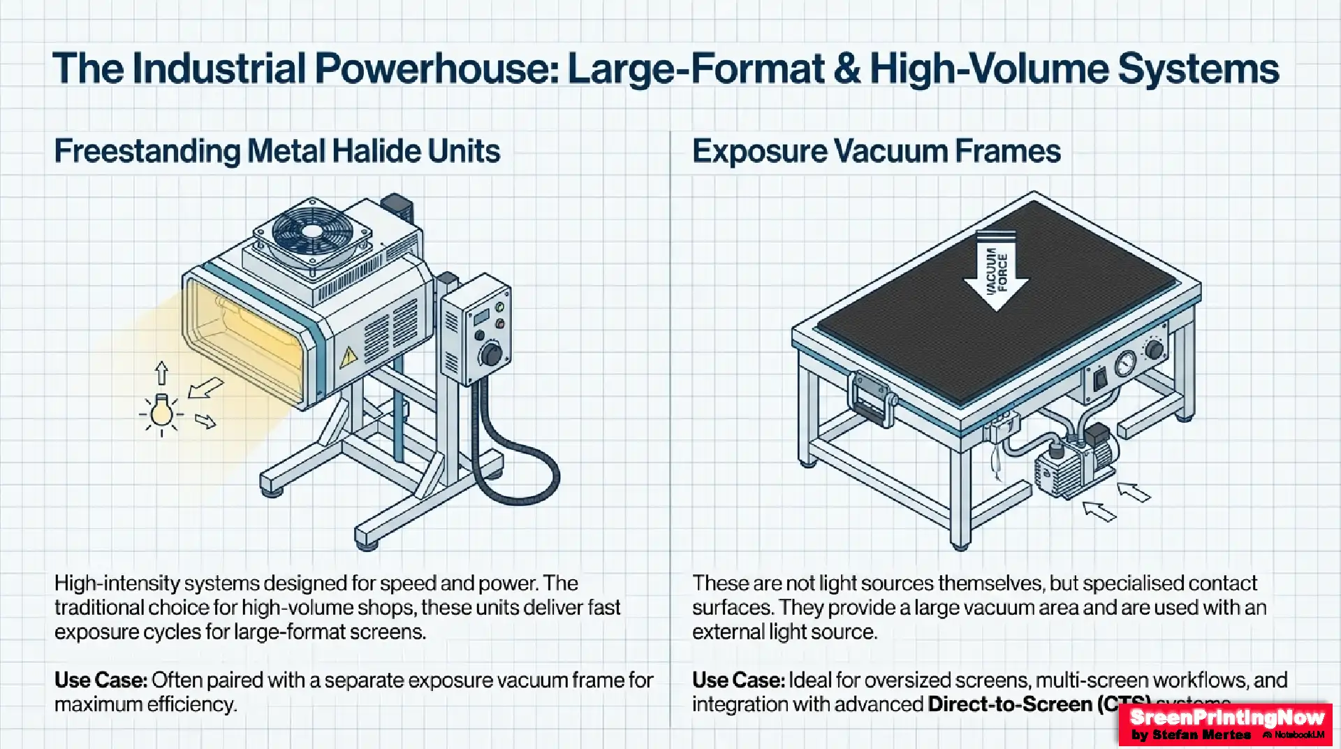 Industrial screen printing systems: Comparing freestanding metal halide units and vacuum frames for large-format screens and high-volume workflows.