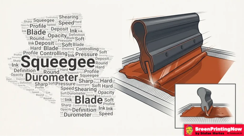 Screen printing squeegee guide: Analyzing blade profiles, durometer hardness, and their impact on ink deposit and opacity.