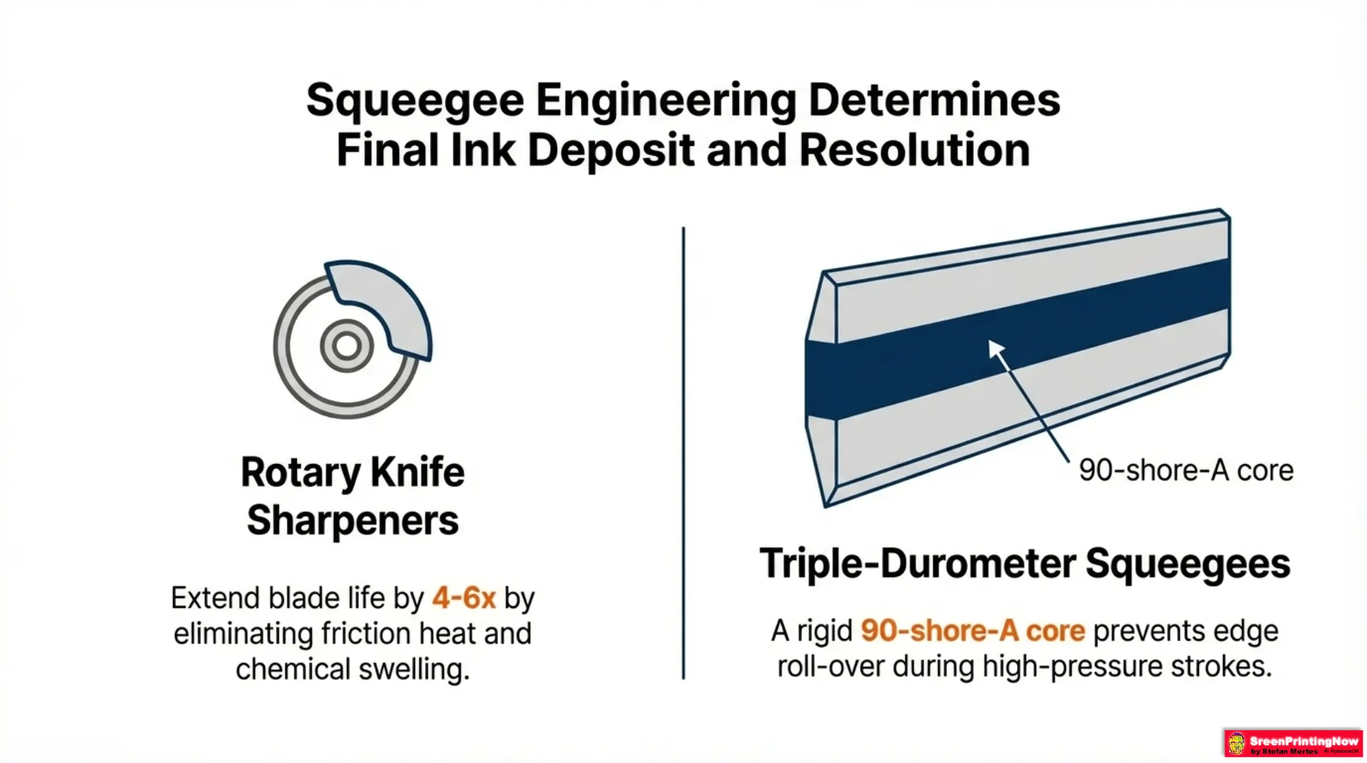 Screen Printing machines Benchmarks A Technical Guide slide 9 Squeegee engineering: Triple-durometer 90-shore-A blades and rotary sharpeners to prevent edge roll-over and extend life.
