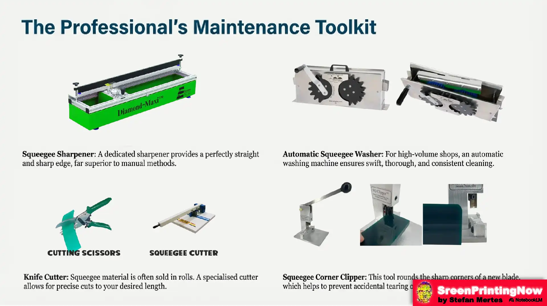Professional squeegee tools: Using dedicated sharpeners, automatic washers, and corner clippers to prevent mesh tearing and ensure a sharp blade edge.