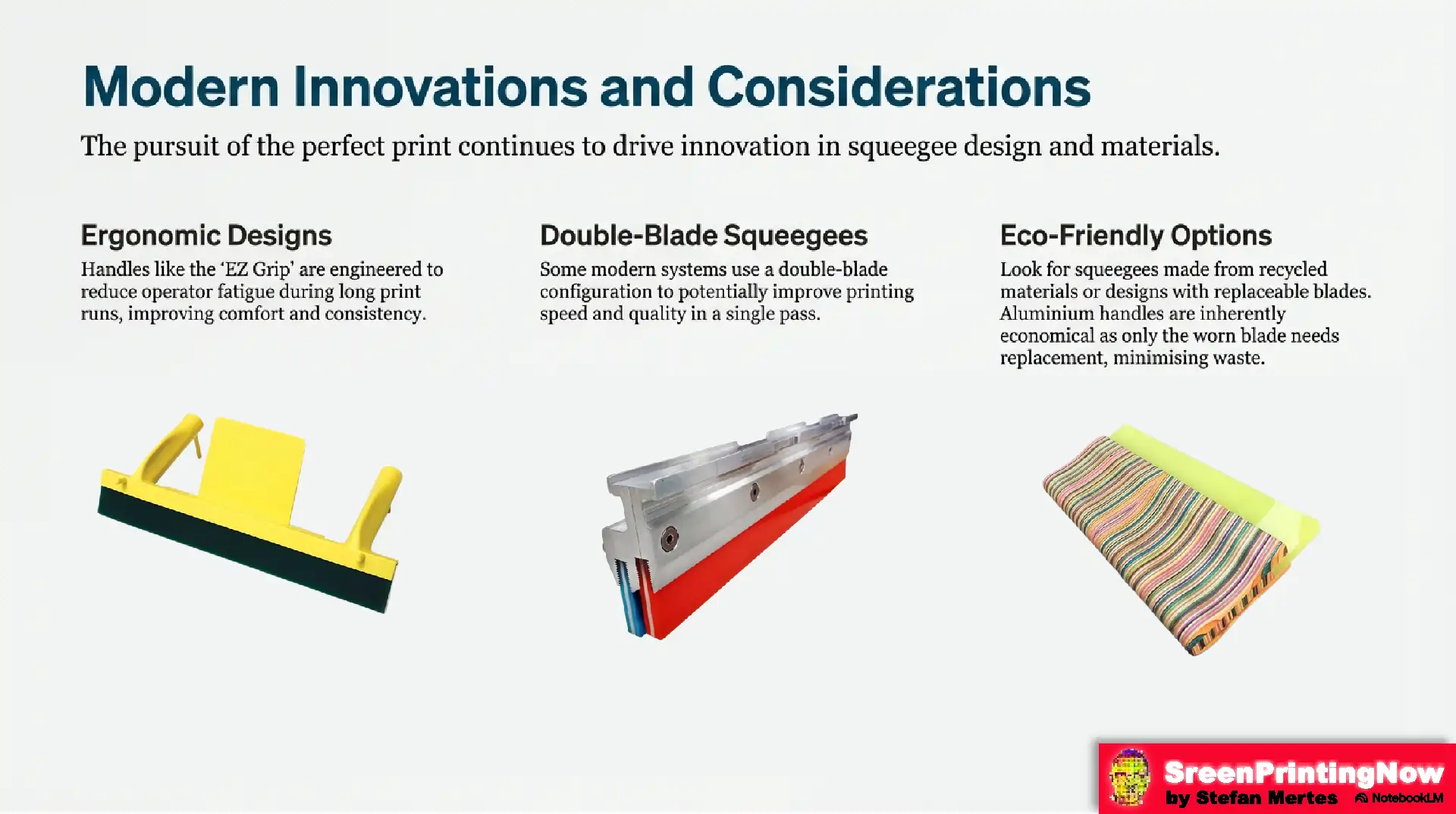 Innovations in squeegee design: Featuring ergonomic EZ-Grips to reduce fatigue and double-blade configurations for high-efficiency screen printing