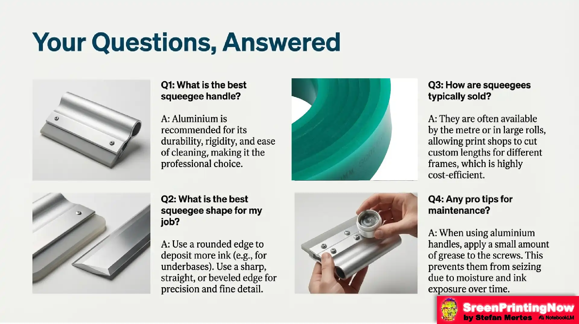 This final "FAQ" slide is perfect for "Zero-Click Searches" on Google. By answering direct questions like "What is the best squeegee handle?", you increase the chances of your content appearing in the "People Also Ask" section of search results.

Here are the Alt Text options for this slide:
Option 1: The Balanced Summary (Recommended)

    "Screen printing squeegee FAQ: Recommending aluminum handles, explaining edge shapes for ink deposit, and tips for buying by the meter and maintenance.