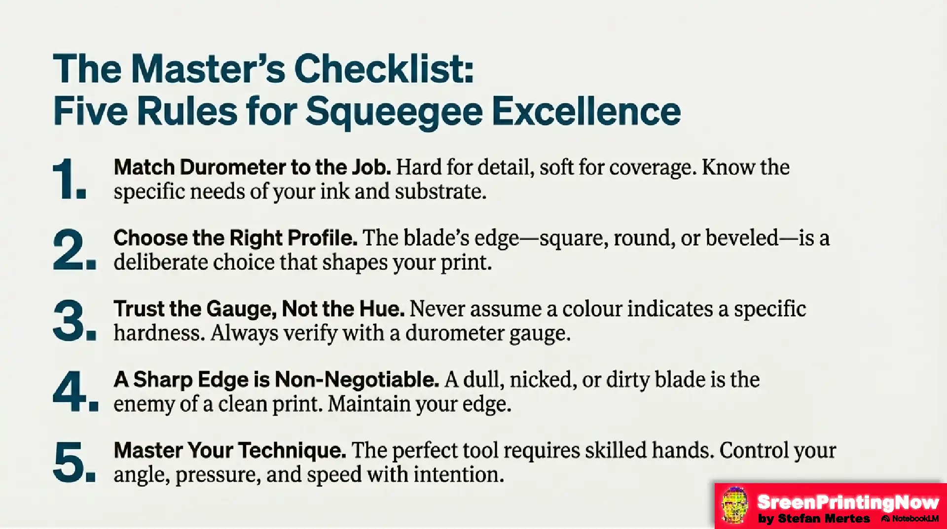 Squeegee excellence checklist: Tips on matching durometer, choosing edge profiles, verifying hardness with gauges, and mastering printing technique.