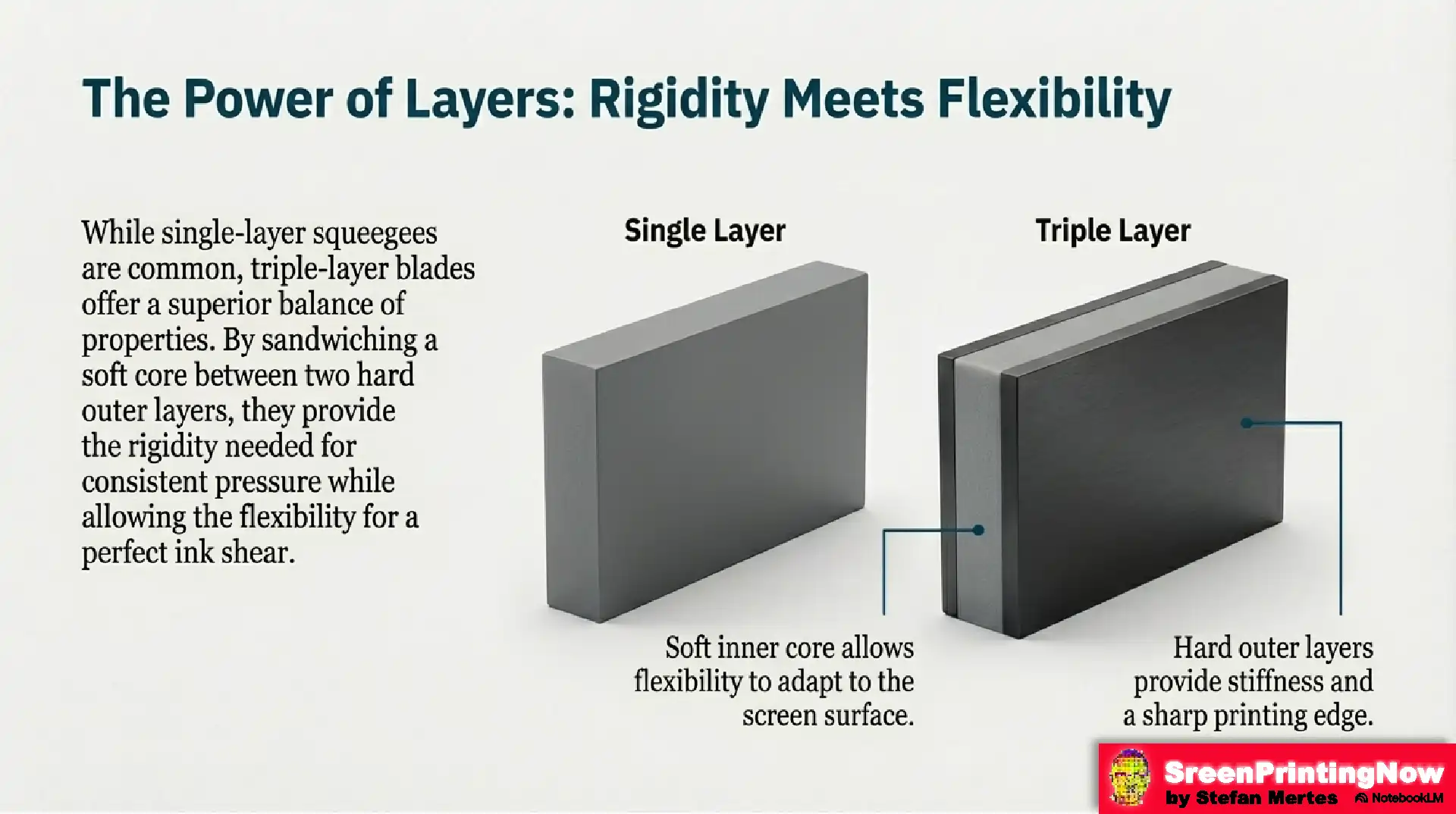 Comparing squeegee layers: Triple-layer blades offer superior rigidity and ink shear compared to single-layer, balancing stiffness with flexibility.