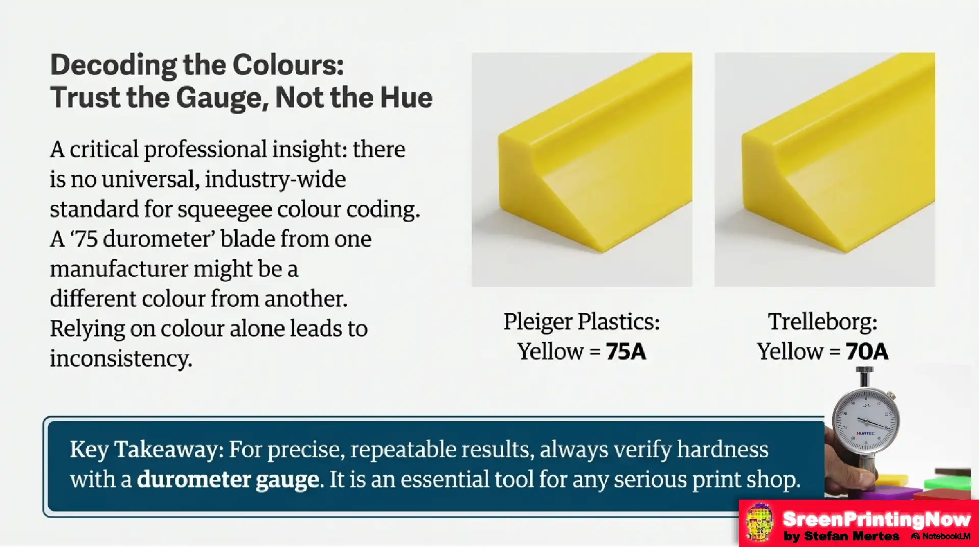 Squeegee color coding guide: Why you should trust a durometer gauge over blade color, as different brands like Pleiger and Trelleborg use different hues.