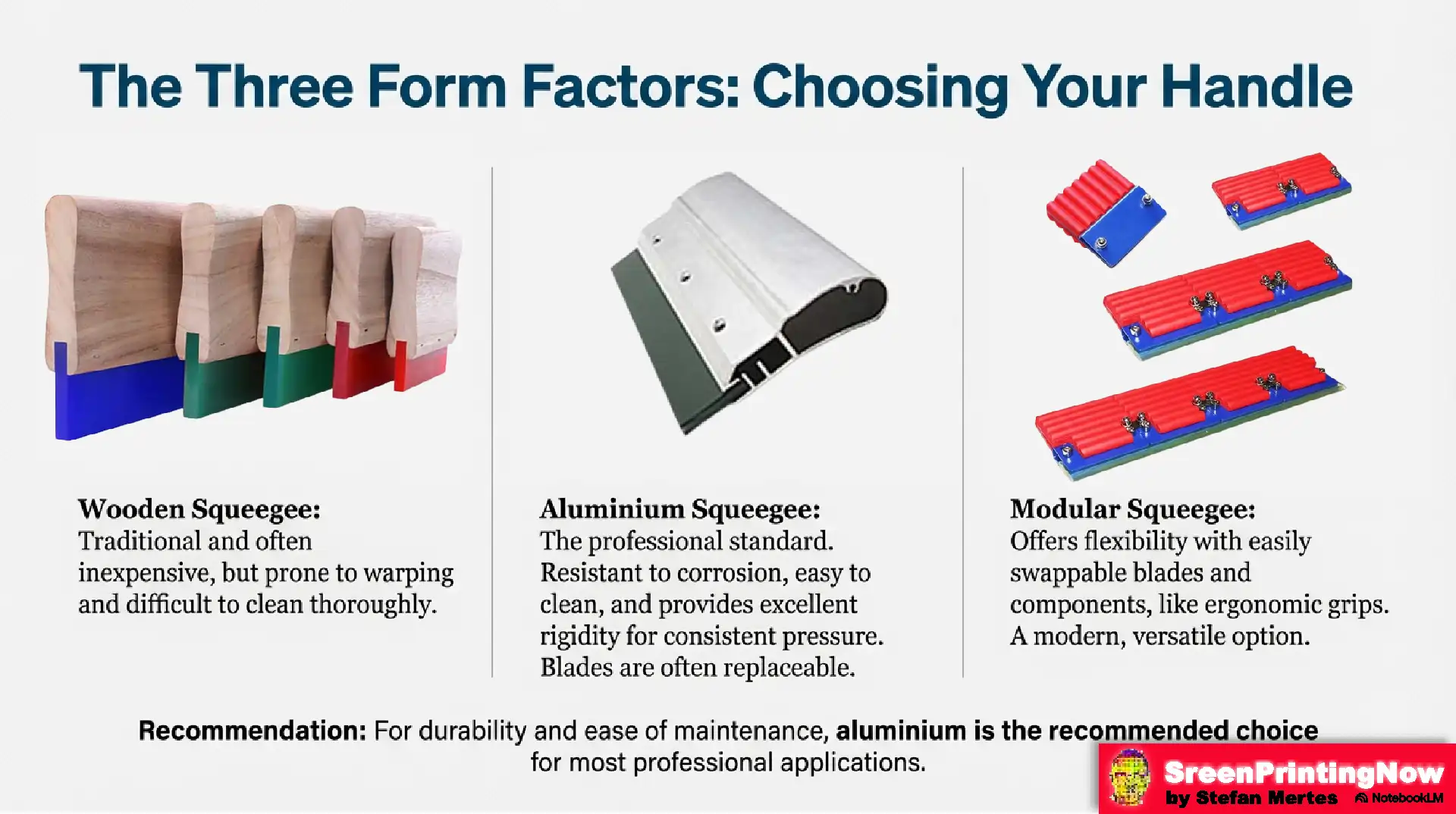 Comparing squeegee handles: Aluminum (the professional standard) vs. wooden and modular options. Highlights durability, cleaning ease, and rigidity.