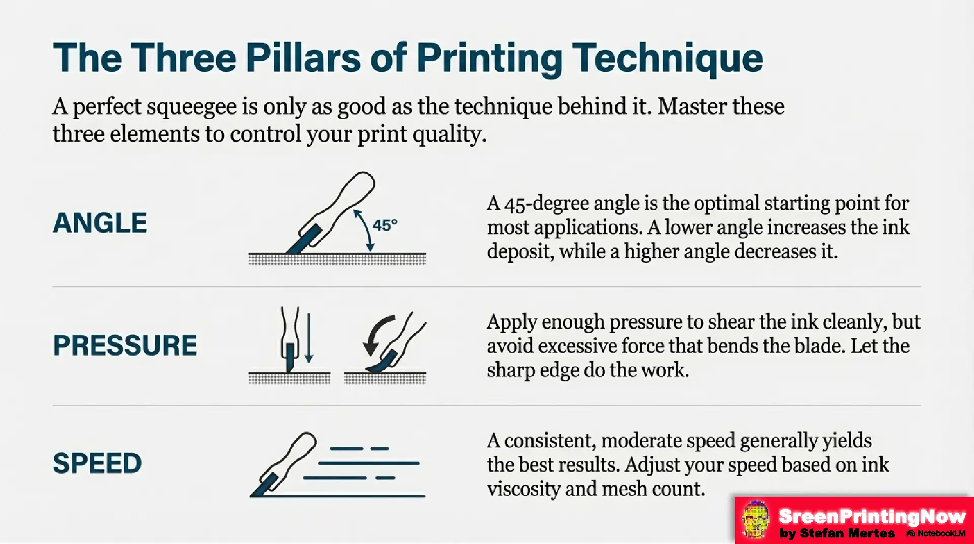 Guide to squeegee technique: How to adjust angle, pressure, and speed to control ink viscosity and ensure sharp results on different mesh counts.