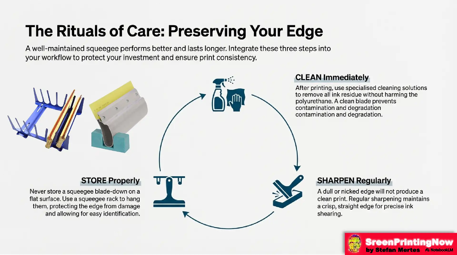 This slide focuses on professional maintenance, which is a great angle for SEO. Terms like "Squeegee rack," "squeegee sharpening," and "polyurethane care" target users who already own the tools but want to improve their results and longevity.
Option 1: The Balanced Summary (Recommended)

    "Squeegee maintenance guide: Storing blades in a rack, cleaning immediately to protect polyurethane, and regular sharpening for a crisp printing edge.