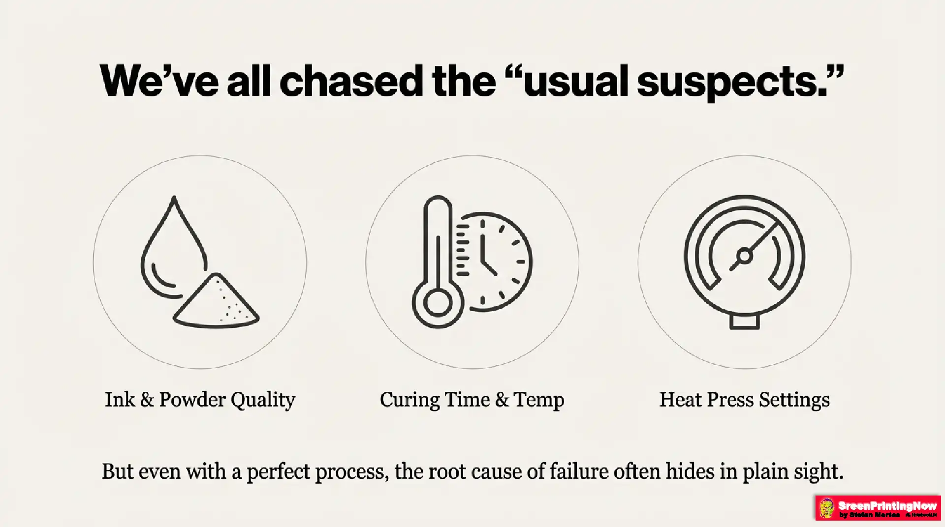 the dtf print been prefect so why did it fail slide 2 DTF troubleshooting beyond the basics: Moving past ink quality, powder, curing time, and heat press settings to find the root cause of print failure.