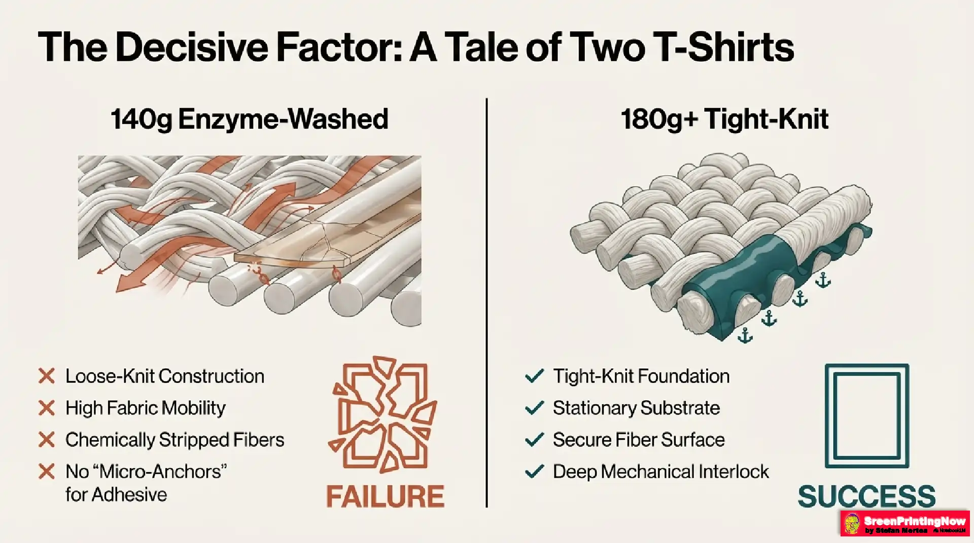 the dtf print been prefect so why did it fail slide 6 Why 140g cotton fails in DTF printing: High fabric mobility and chemically stripped fibers prevent the mechanical interlock needed for wash-fastness.